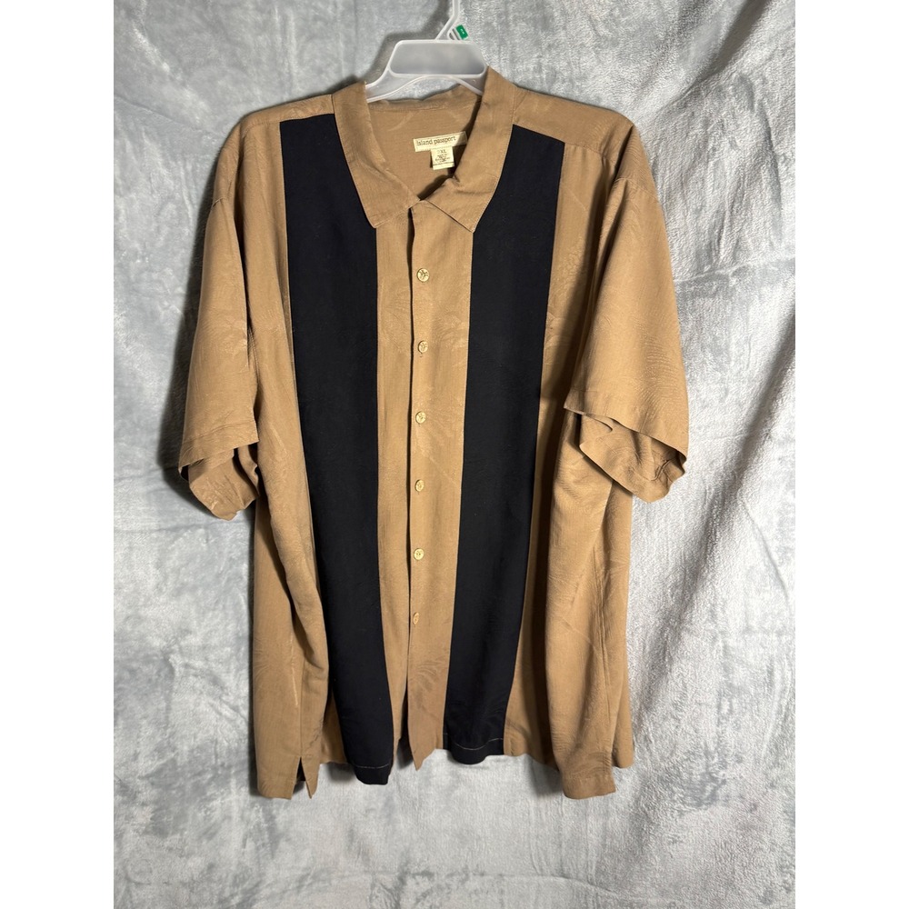 Island Passport Mens 3XL 100% Silk Palm Tree Jacquard Camp Shirt Tan Black Panel